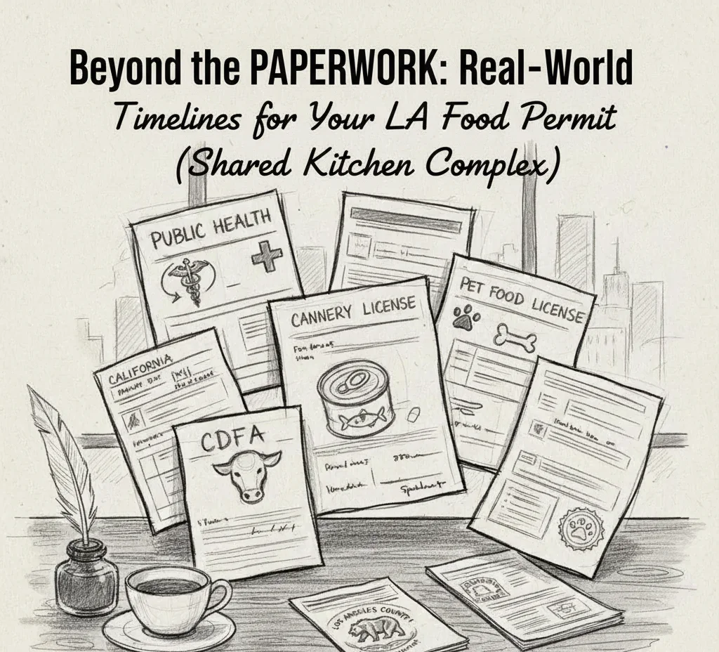Illustration of various food permits and licenses for a shared kitchen complex.